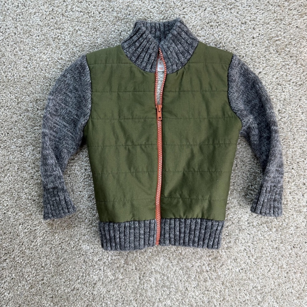 Cat & Jack Jacket Toddler 2T Gray Green Quilted Knit Zip Sherpa Lined Winter